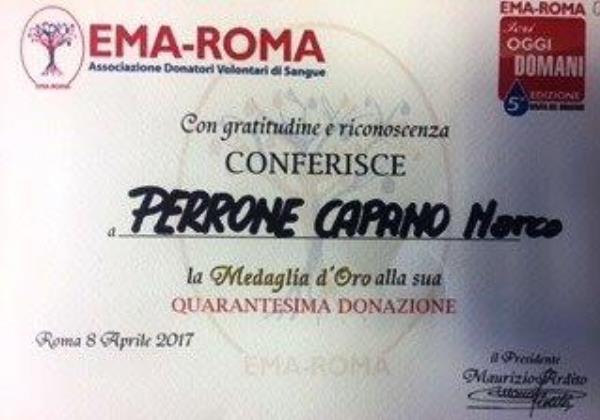 L'attestato con il quale l'EMA conferisce al nostro Vice Marco Perrone Capano la Medaglia d'Oro per il raggiungimento delle 40 donazioni